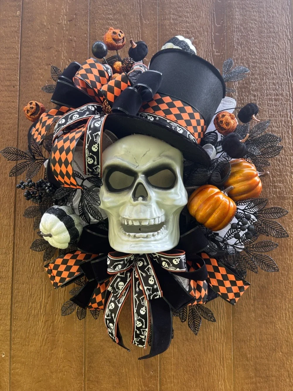 Handmade Halloween Skull Top Hat Wreath with Orange & Black Accents. Lights up!!